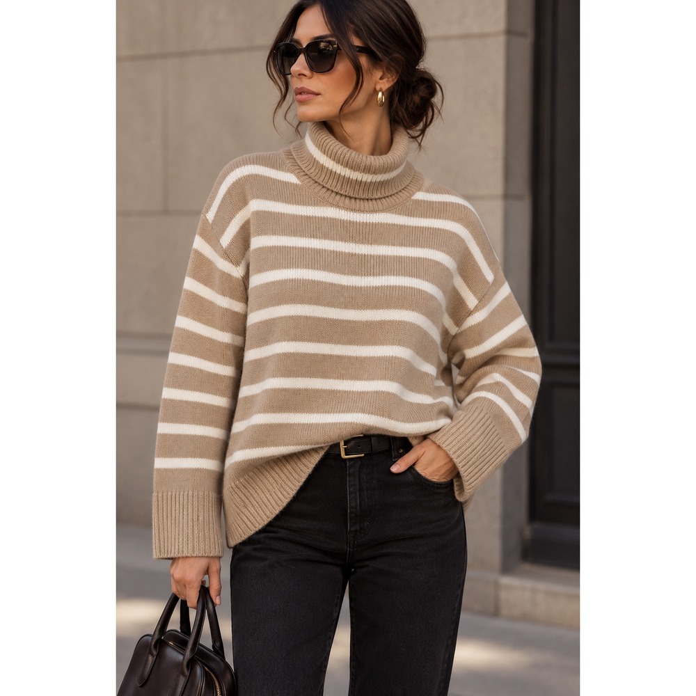 Gap Turtleneck Sweater Womens L Tan White Striped Cotton Oversized Preppy 90s
